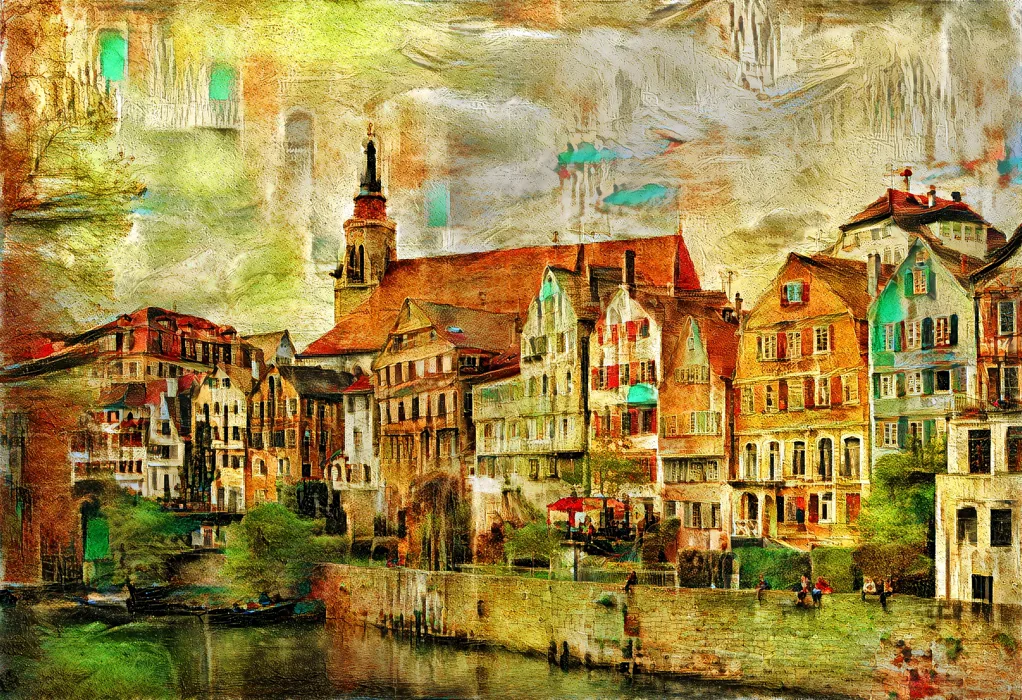 A city waterfront rendered in the style of a painting using neural style transfer